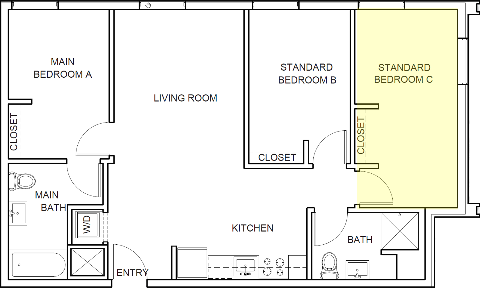 Floor plan for 3 beds, 2 baths, 286 sqft